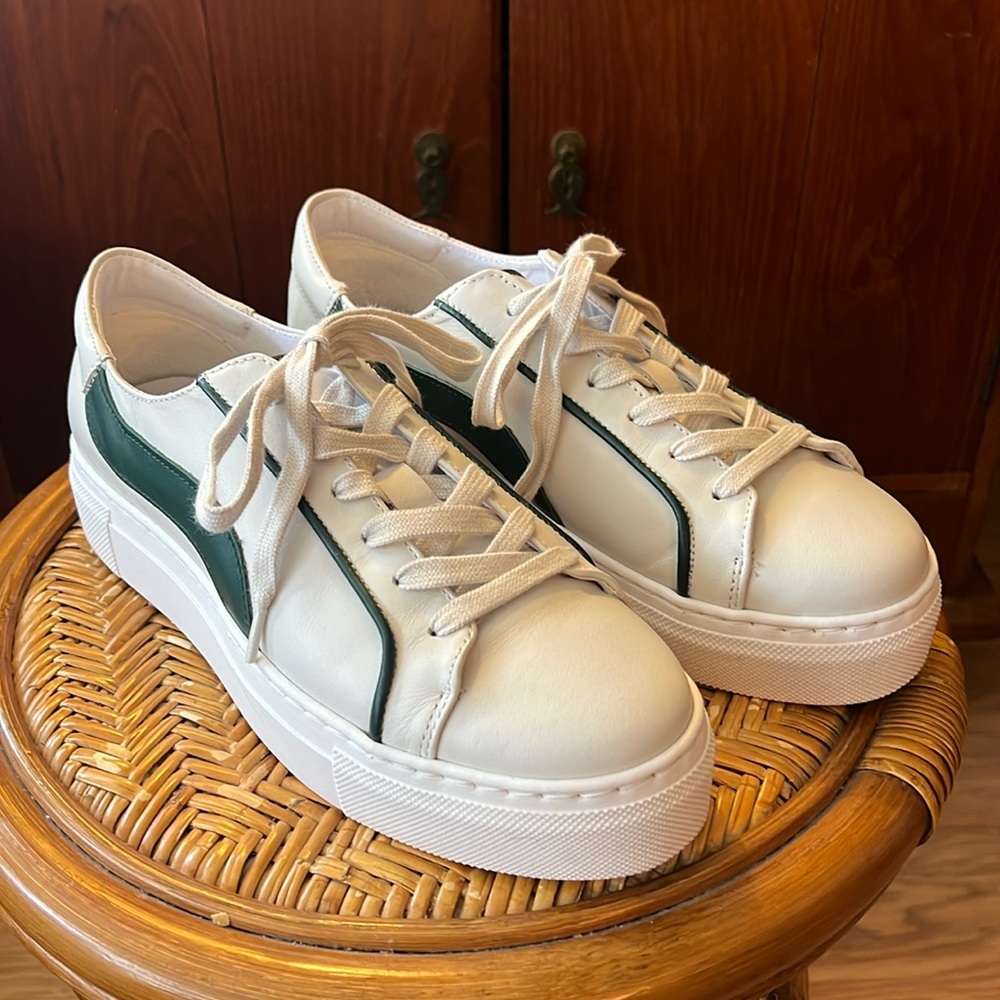 White Leather Platform Sneakers with Green Accent